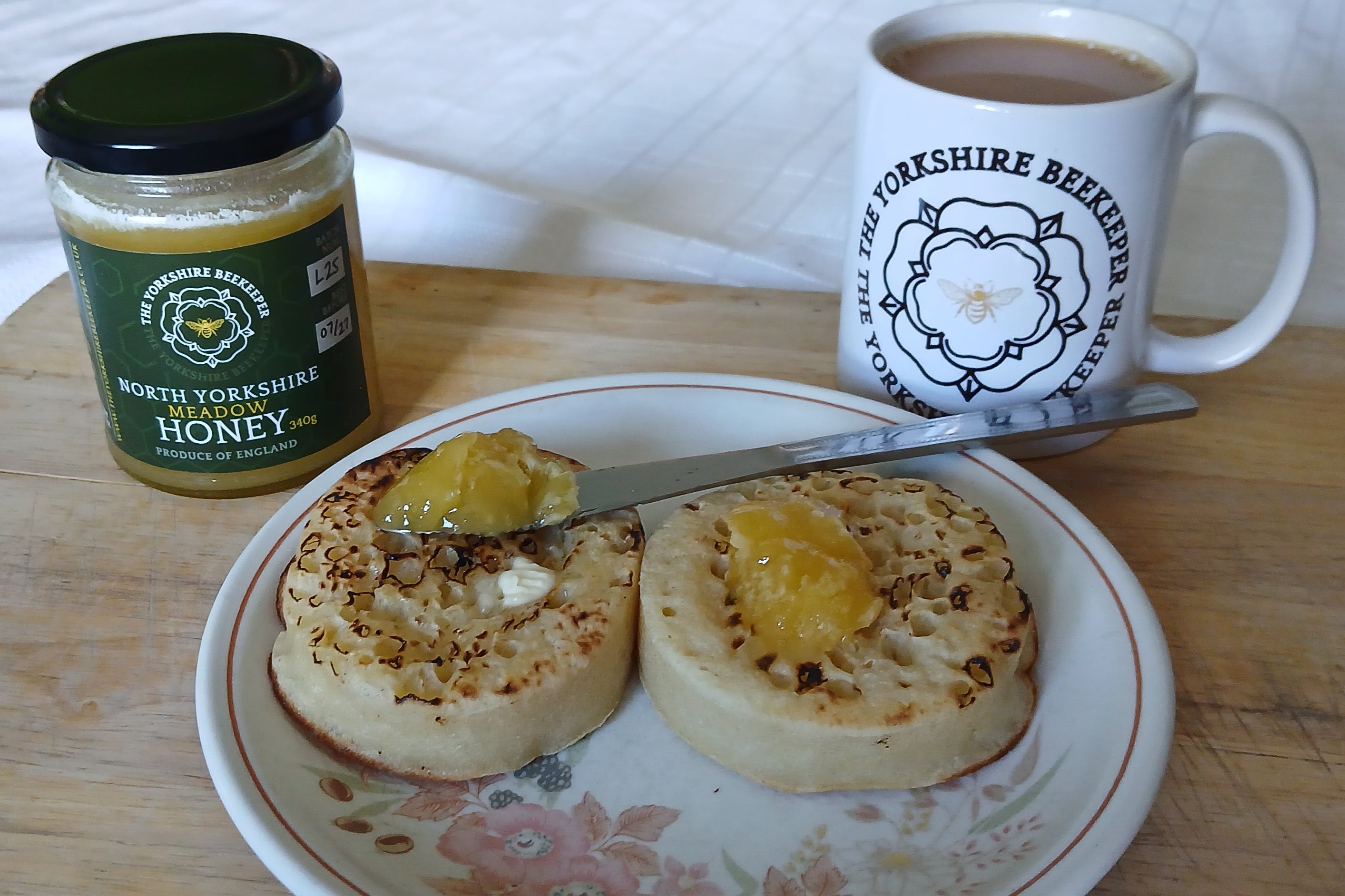 Crumpets with Set Honey & Mug of Tea